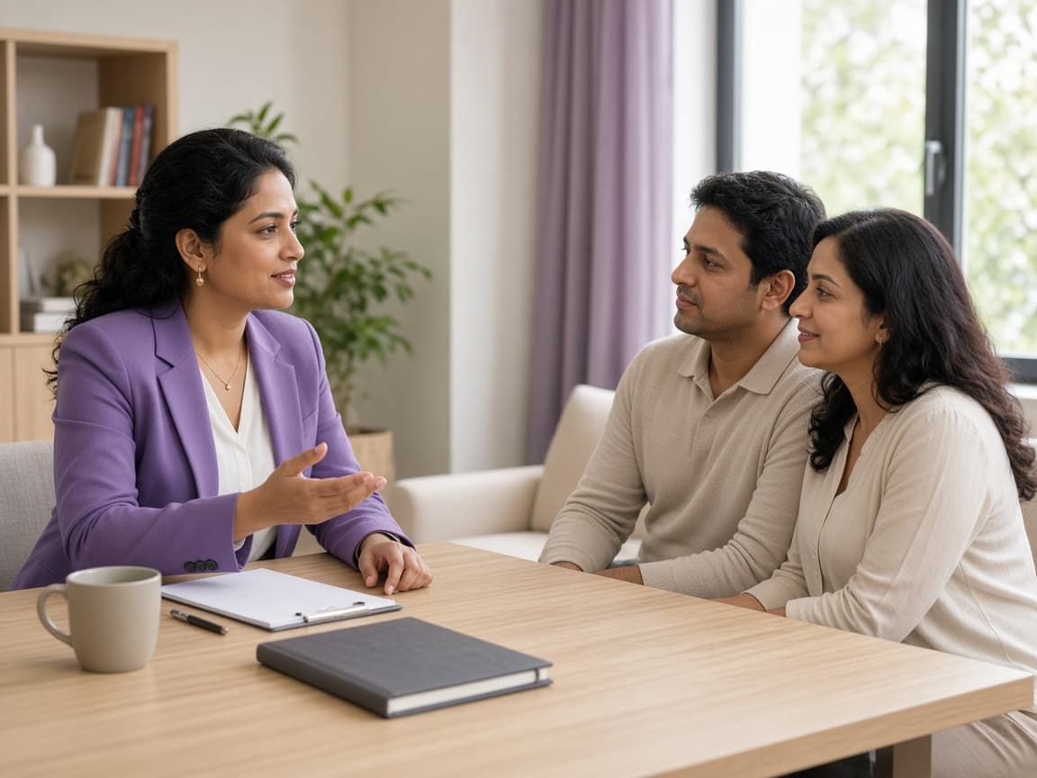 A financial adviser speaking with customers across a desk